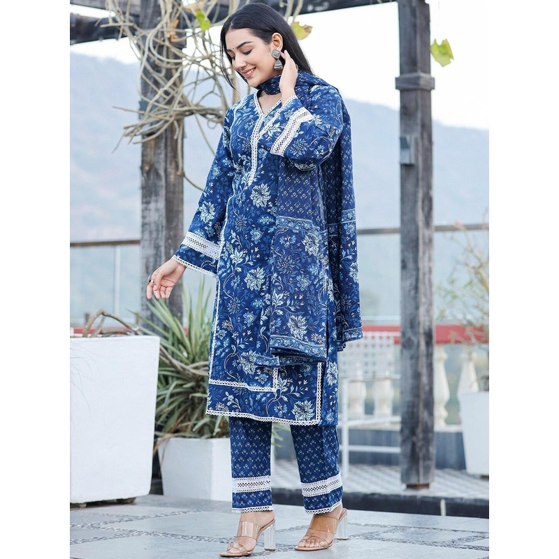 Yufta Floral Embroidered Thread Work Pure Cotton Kurta With Trousers & Dupatta