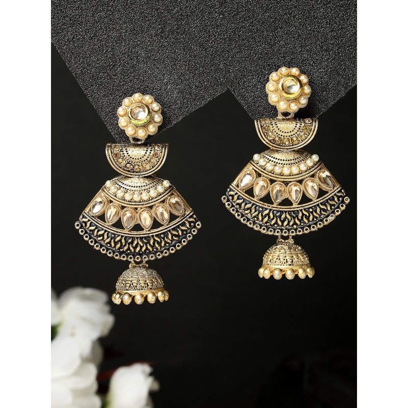 ADIVA Gold-Plated Kundan Studded Dome Shaped Jhumkas