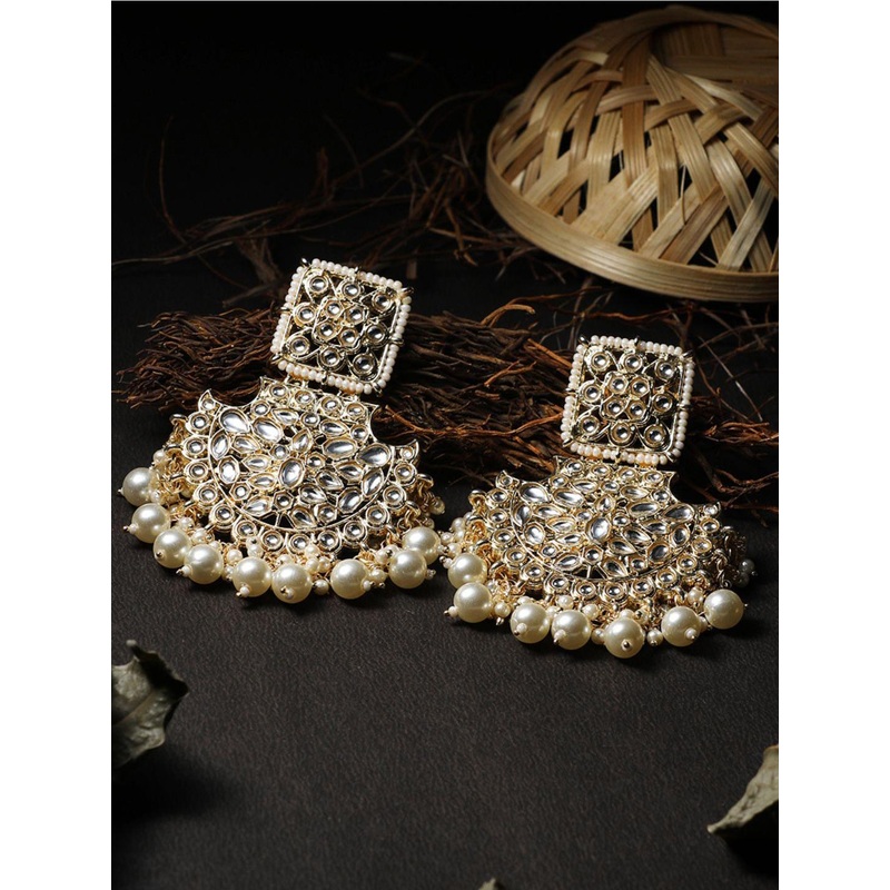 AnoukArtificial Gold-Plated Stones Studded and Beaded Crescent Shaped Chandbalis