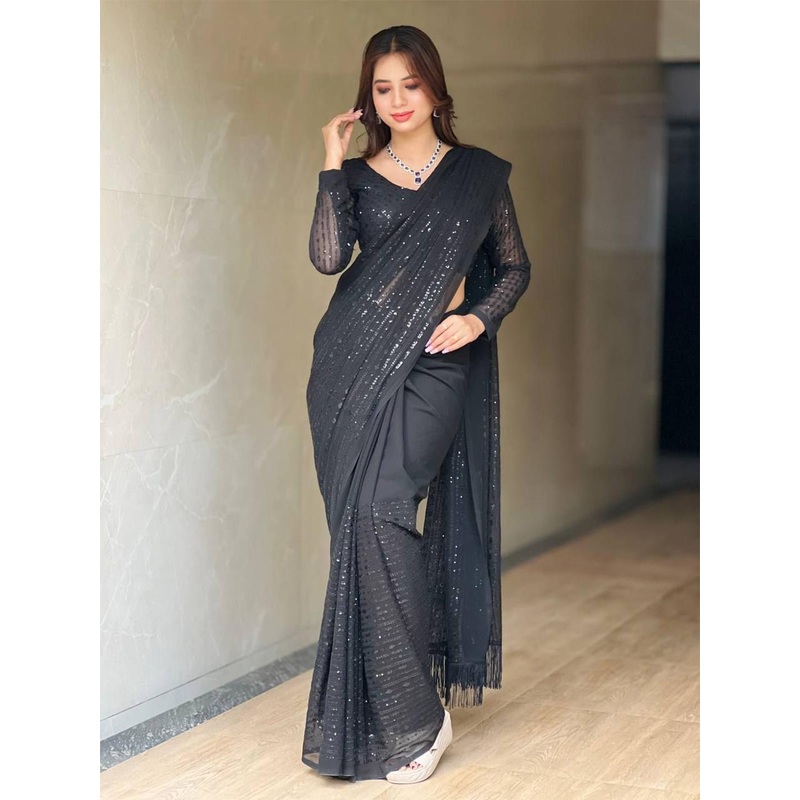 HERE&NOW Embellished Sequinned Saree With Blouse Piece