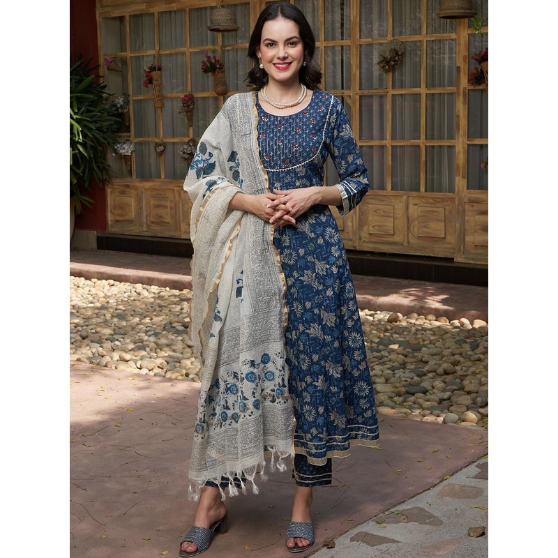 HERE&NOW Women Floral Printed Panelled Mirror Work Pure Cotton Kurta Set