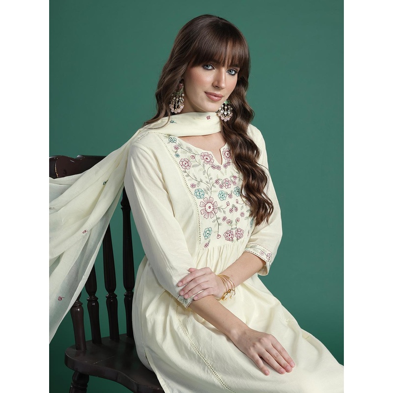 Indo EraFloral Embroidered Pure Cotton Kurta with Trousers & Dupatta