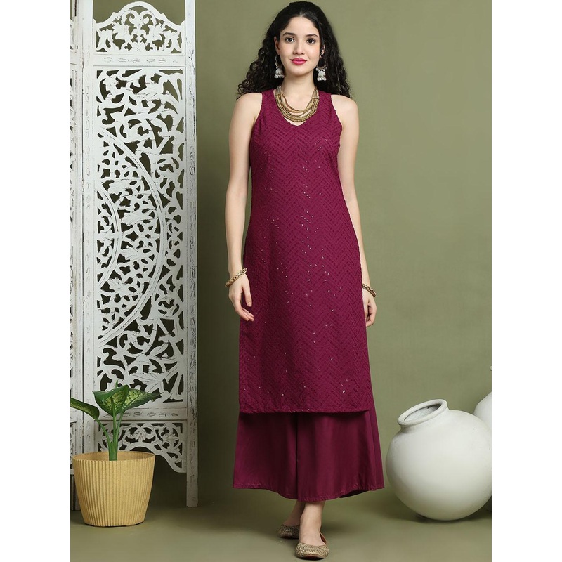 Jompers Geometric Embroidered Sequinned Sleeveless V-Neck Straight Kurta With Palazzos