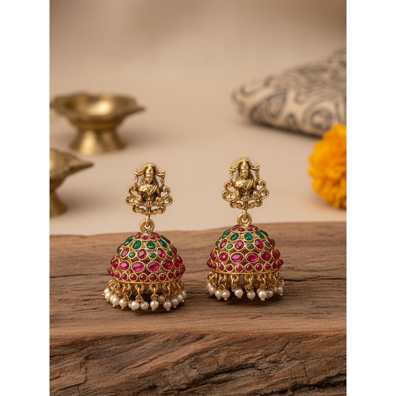 KARATCART Gold-Plated Stone Studded & Beaded Laxmi Mata Design Jhumkas