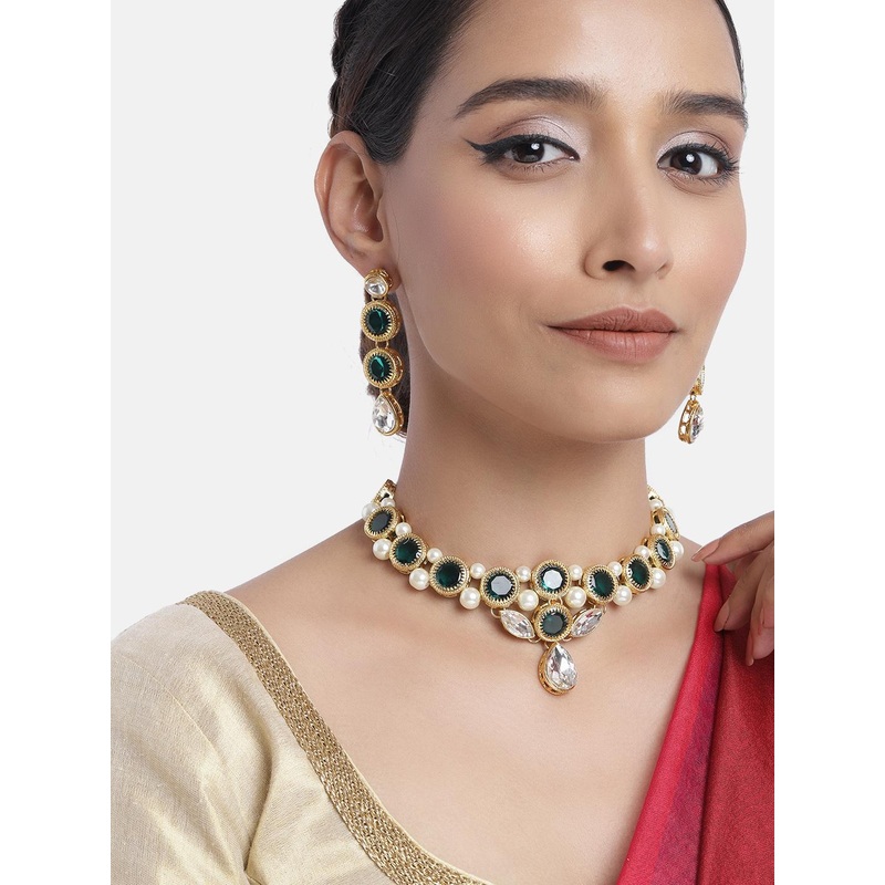 Peora Green & White Kundan Gold-Plated Choker Necklace Set