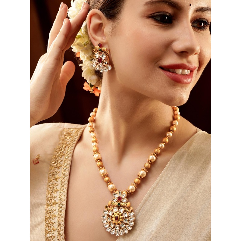 Rubans 22K Gold Plated White, Emerald & Ruby Kundan Studded with Pearl Beaded Jewellery Set