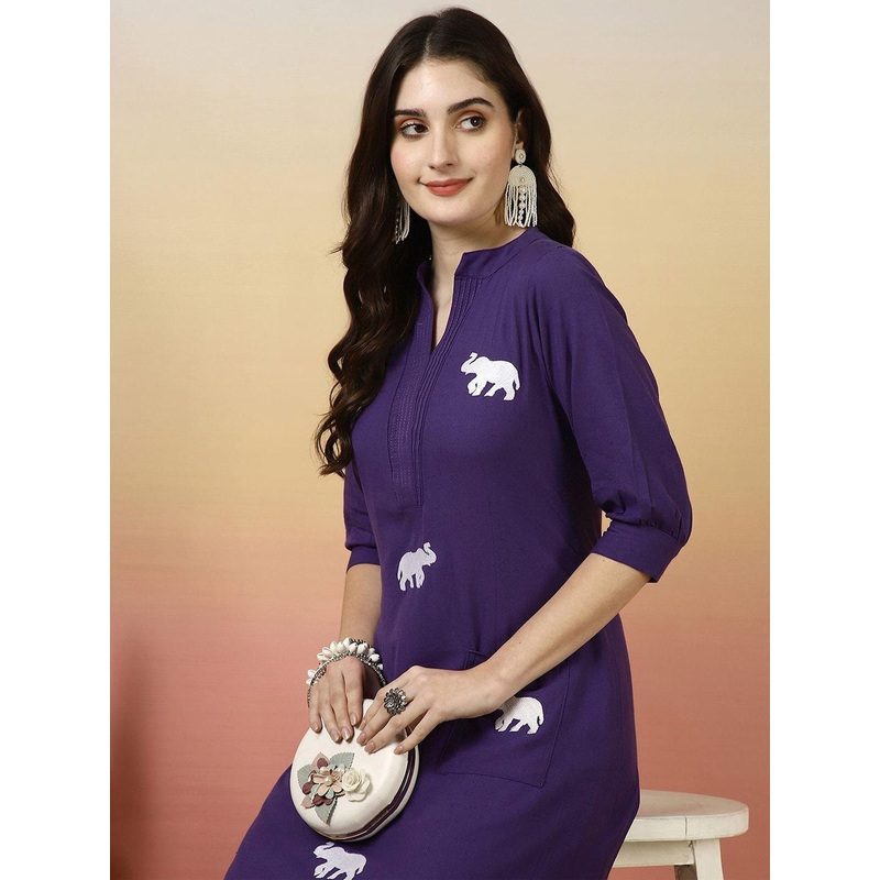 Sangria Animal Printed Pure Cotton Mandarin Collar Kurta With Trousers