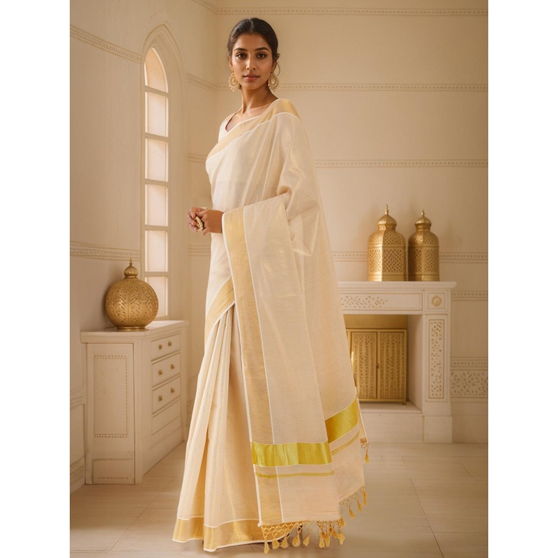 Soch Off White & Gold-Toned Zari Tissue Kasavu Saree