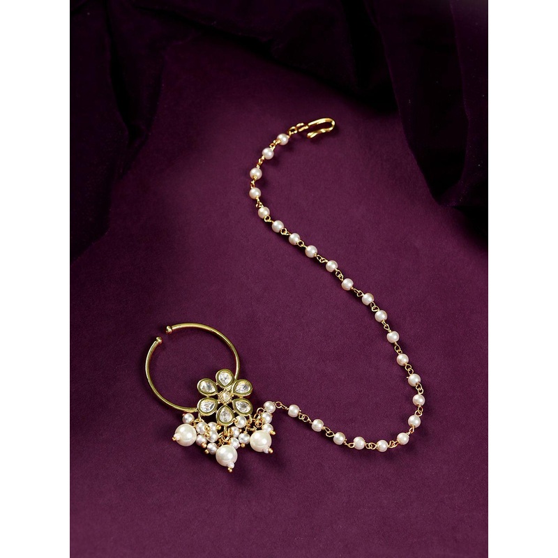 Voylla Gold Plated Kundan Studded Meenakari Chained Nosepin