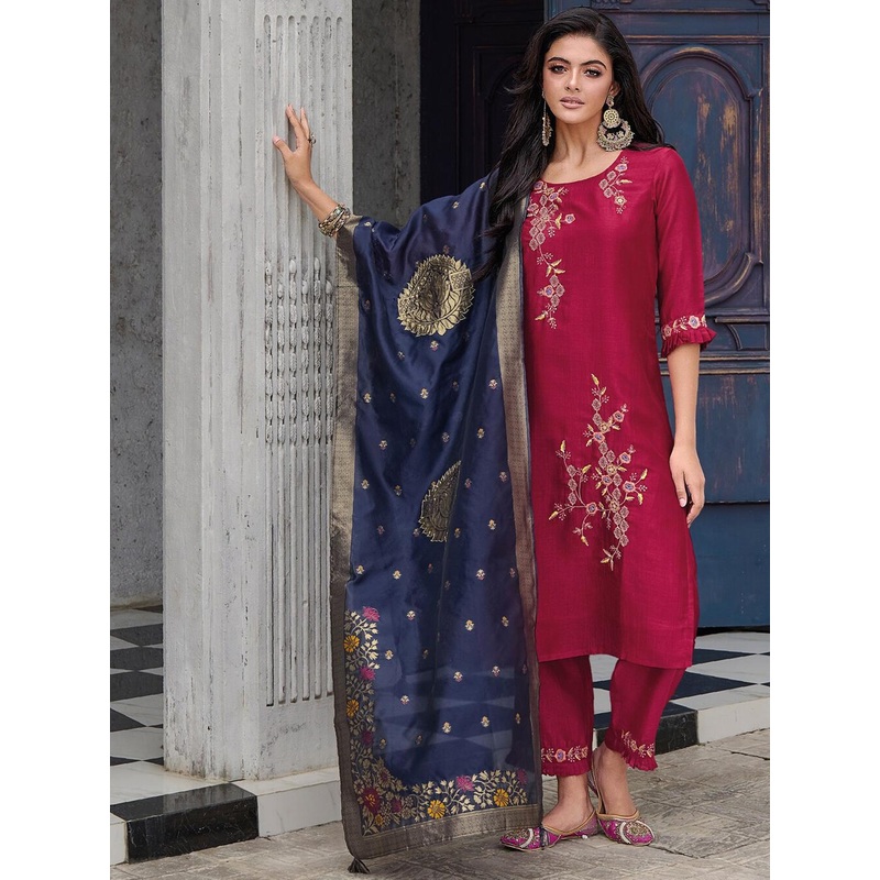 VredeVogel Floral Embroidered Thread Work Straight Kurta & Trousers With Dupatta