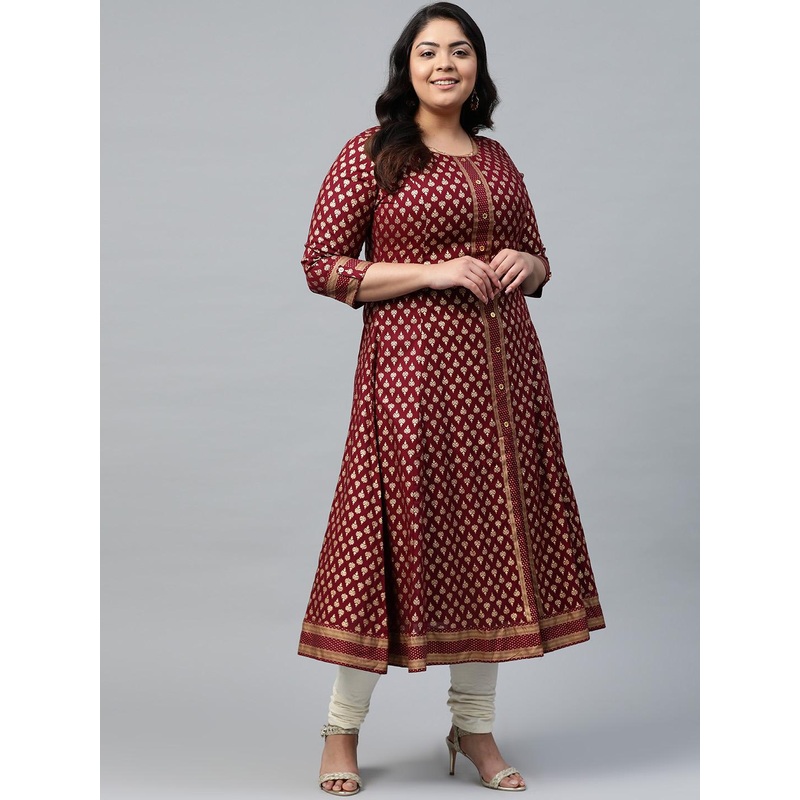 Yash Gallery Women Plus Size Maroon & Golden Ethnic Motifs Printed A-Line Kurta