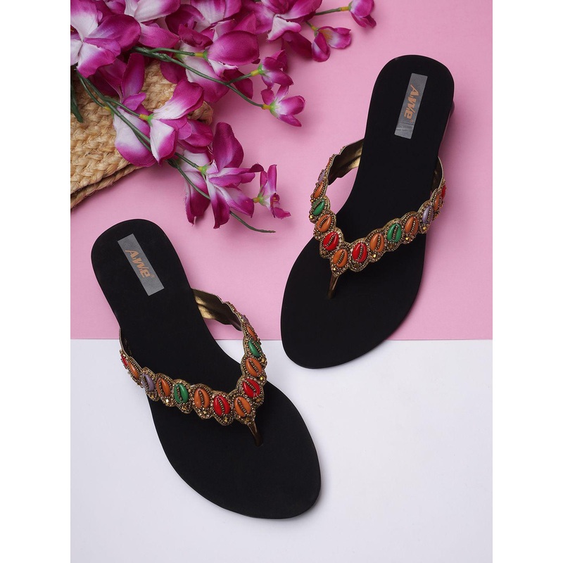 AIWIE Women Embellished T-Strap Flats With Beaded