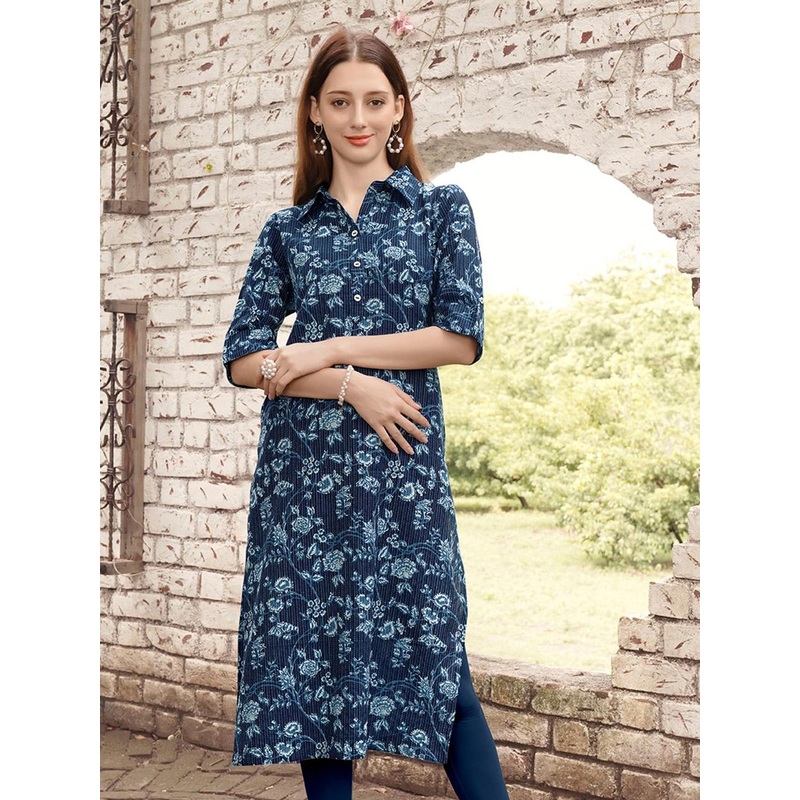 Anouk Rustic  Blue Floral Printed Shirt Collar Pure Cotton Straight Kurta