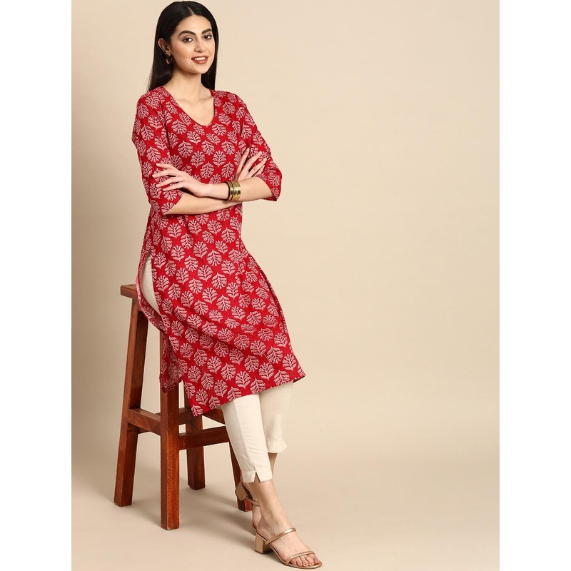 Anouk Women Pure Cotton Ethnic Motifs Printed Three Quarter Sleeves Straight Kurta