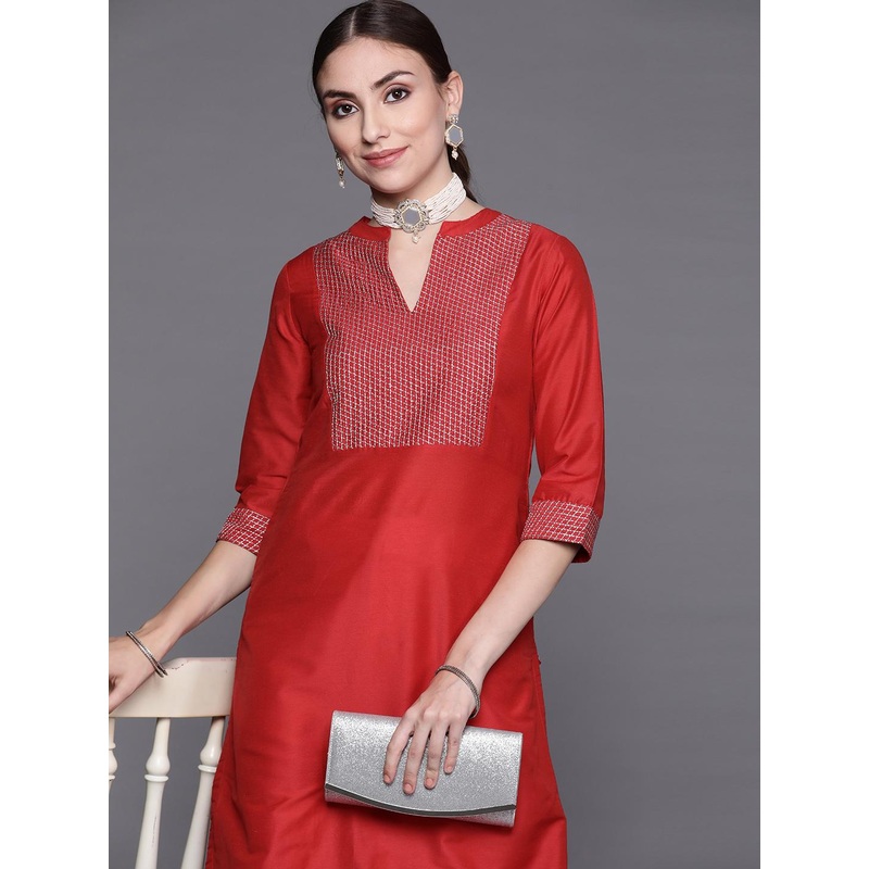 Biba Women Red Woven Yoke Design Kurta