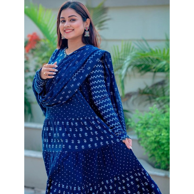 HERE&NOW Ethnic Motifs Printed Tiered Pure Cotton Kurta With Trousers & Dupatta