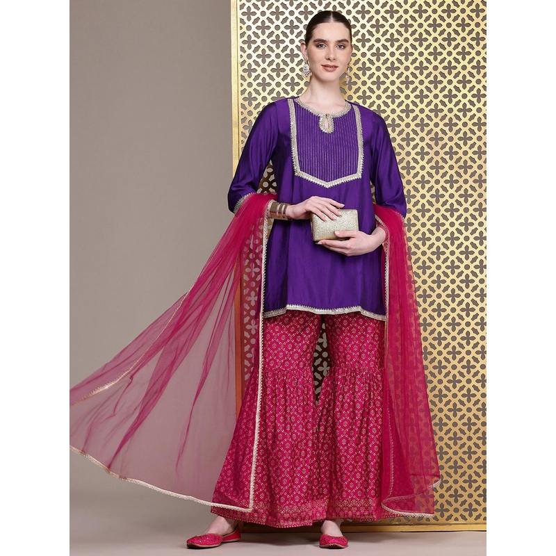 House of Pataudi Ethnic Motifs Embroidered Sequinned Jashn Kurta with Sharara & Dupatta