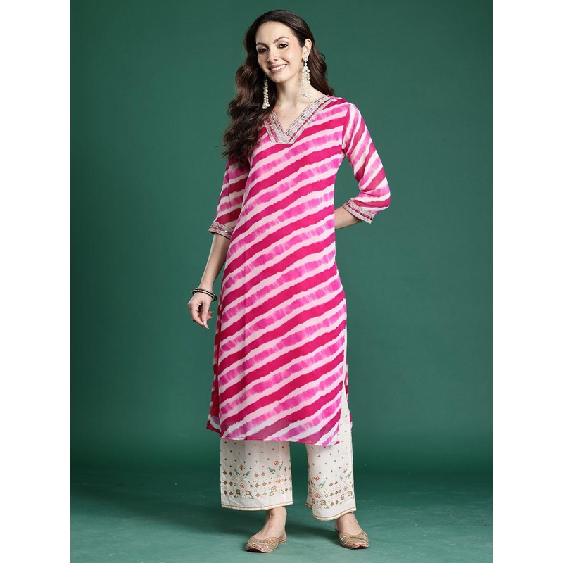Indo Era Women Leheriya Printed Mirror Work Kurta