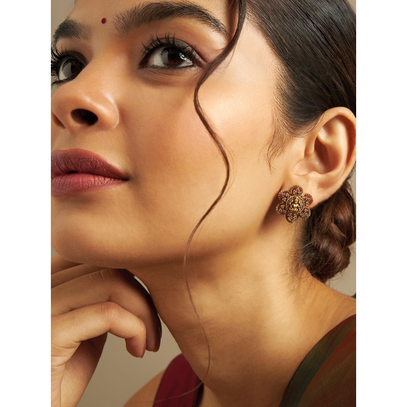 Kushal’s Fashion Jewellery Gold-Plated Stones Studded Floral Temple Studs Earrings