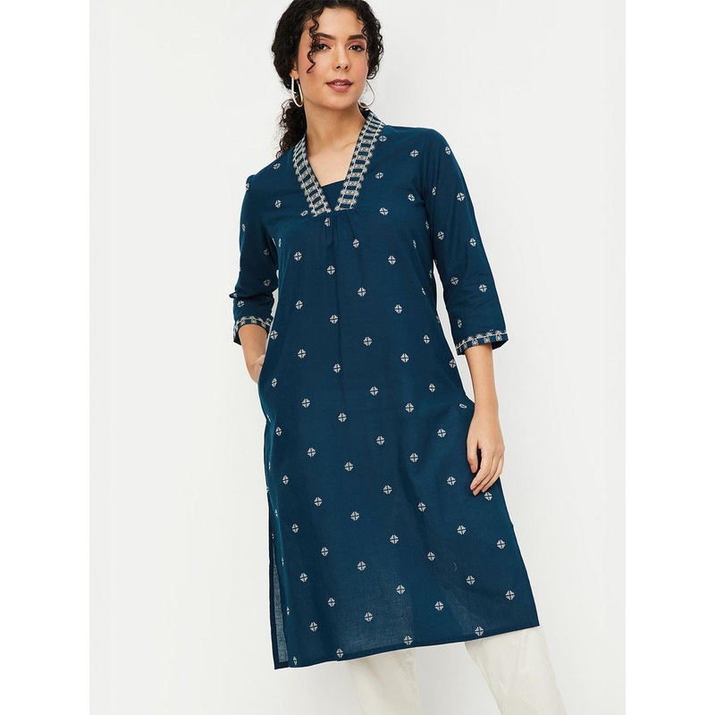 max Women Geometric Printed V-Neck Cotton Straight Kurta