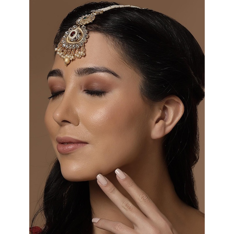 PANASH Gold-Plated Kundan Handcrafted Pearl Maang Tikka