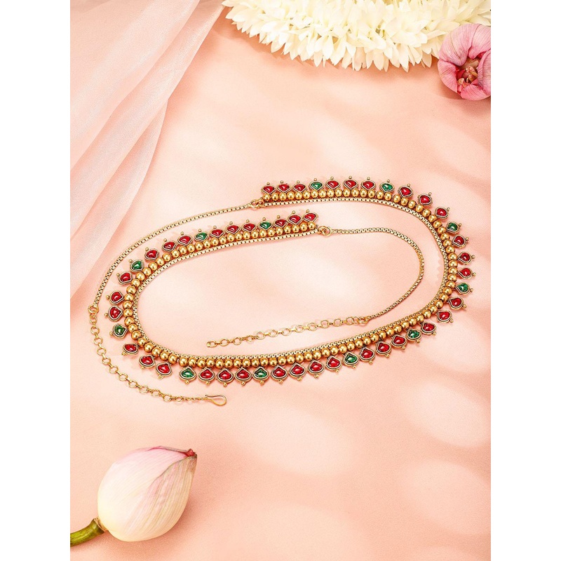 Rubans 18K Gold Plated Ruby Red & Emerald Green Stone Traditional Waist Chain Kamarbandh