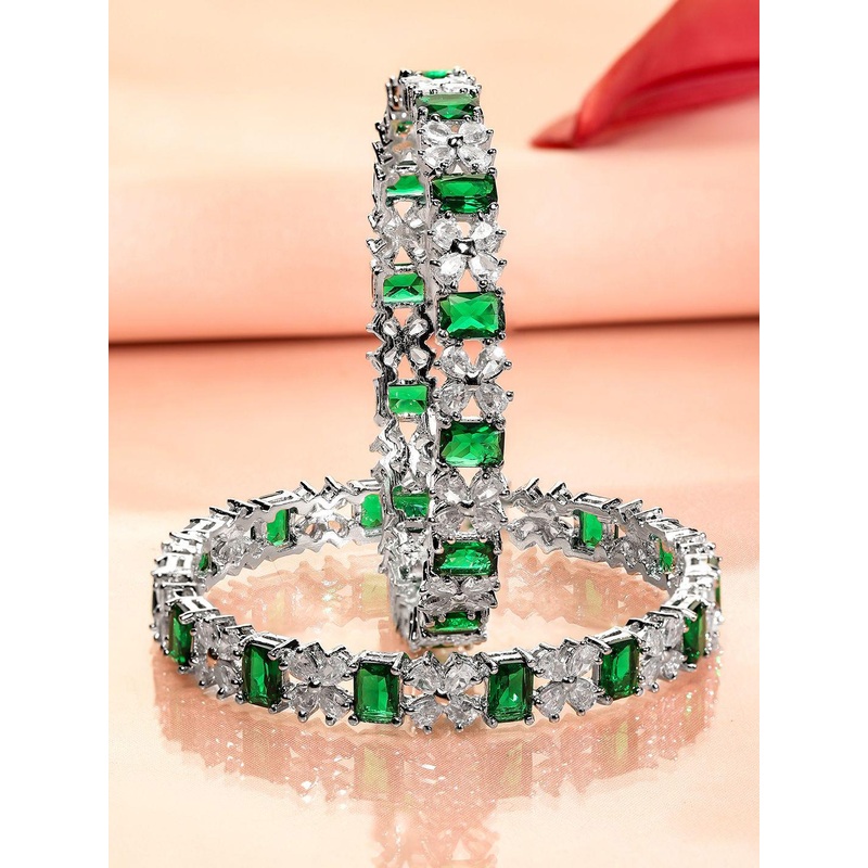 Rubans Set of 2 Rhodium-Plated Emerald Green & White Cubic Zirconia Studded Floral Bangles