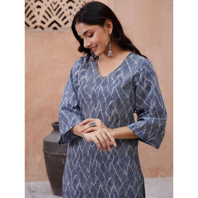 Sangria Blue Abstract Printed Thread Work Pure Cotton Kurta With Trousers And Dupatta