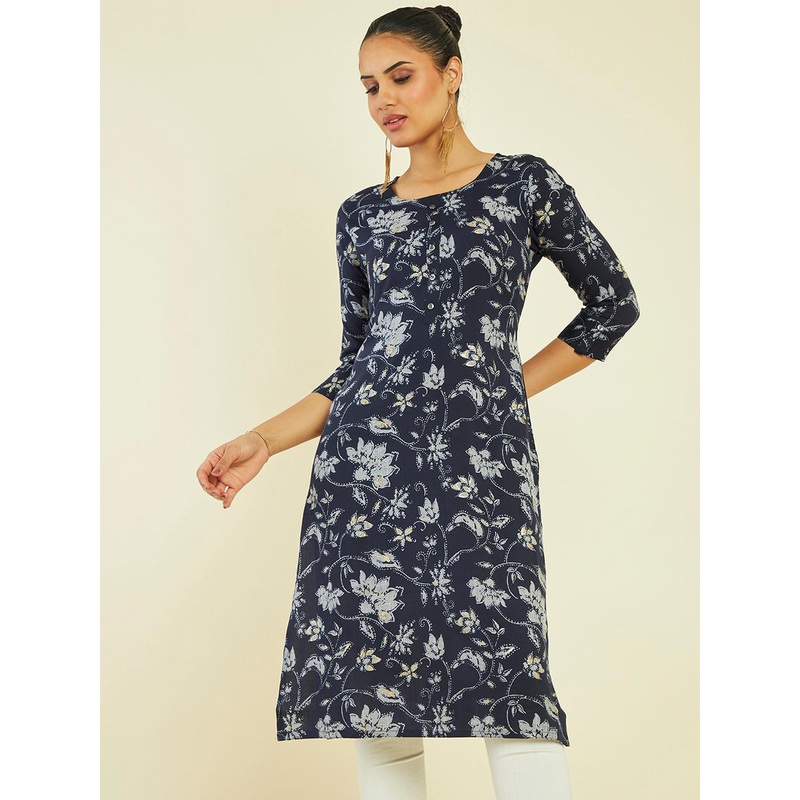 Soch Floral Printed Roll Up Sleeves Straight Kurta
