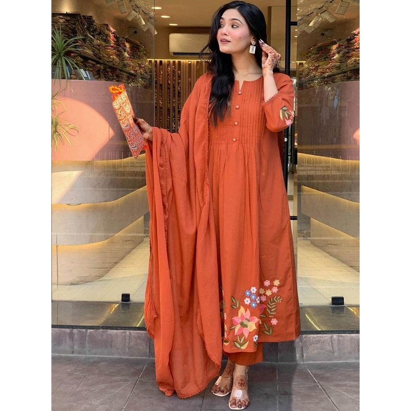 SZN Floral Printed A-Line Kurta With Trousers & Dupatta