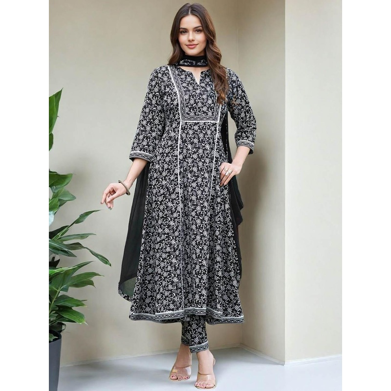 SZN Floral Printed Empire Notch Neck Anarkali Kurta With Trouser & Dupatta