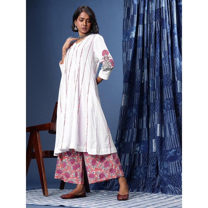 Taavi Floral Printed Panelled Pure Cotton Sanganeri Folk Kurta With Palazzos