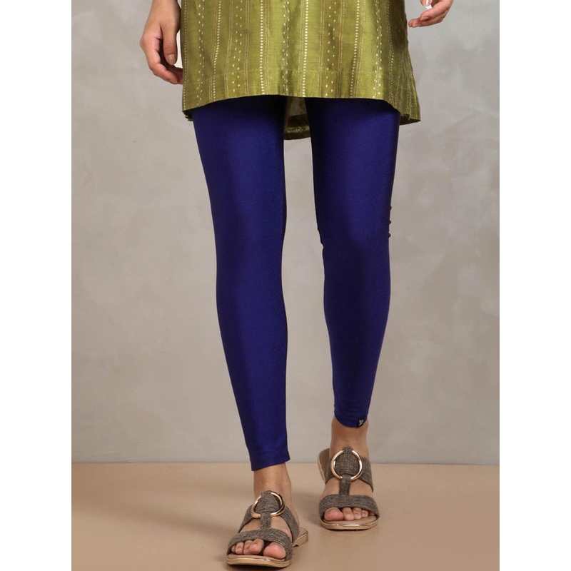 TWIN BIRDS Women Nylon Solid Blue Shimmer Leggings