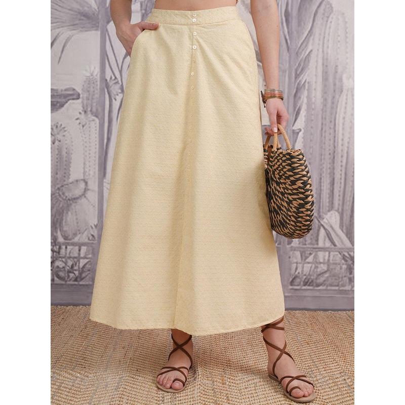 Vishudh Beige Schiffli Gathered Midi Skirt
