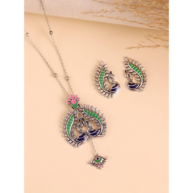 Voylla Madhubani Peacock Pratha Oxidised Enamel Pendant Set