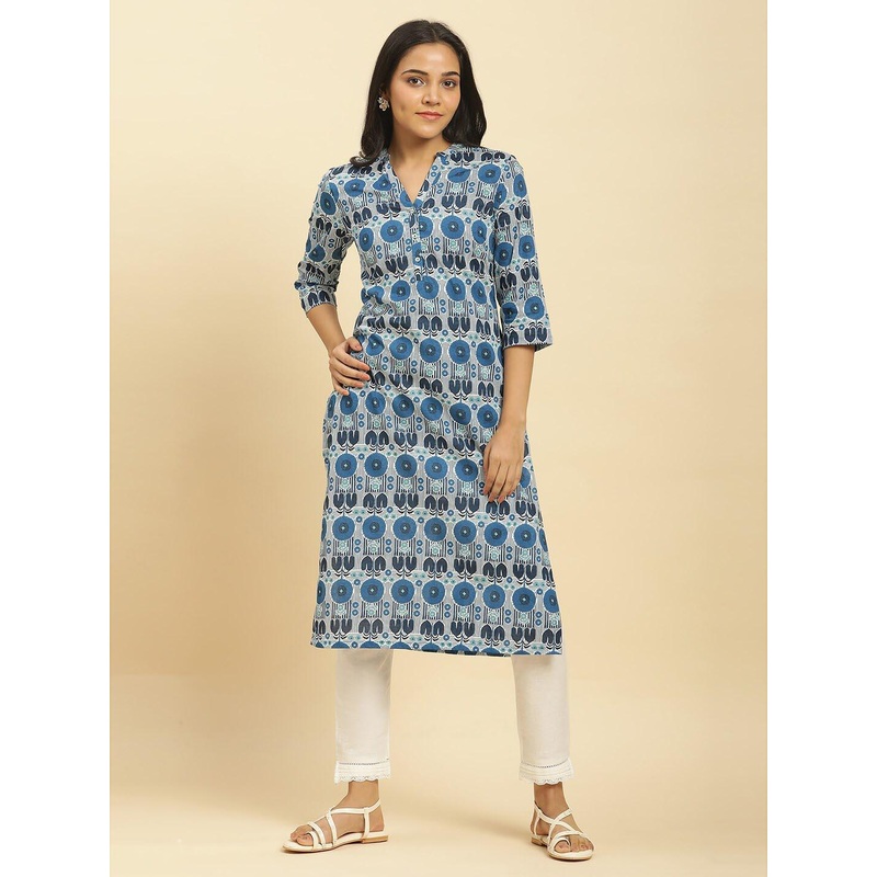 W Blue & White Geometric Printed Mandarin Collar Cotton A-Line Kurta