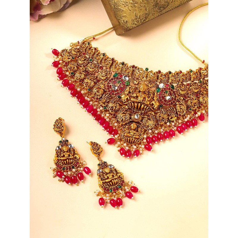 Yellow Chimes Gold-Plated Stone Studded & Beaded Temple Necklace & Earrings
