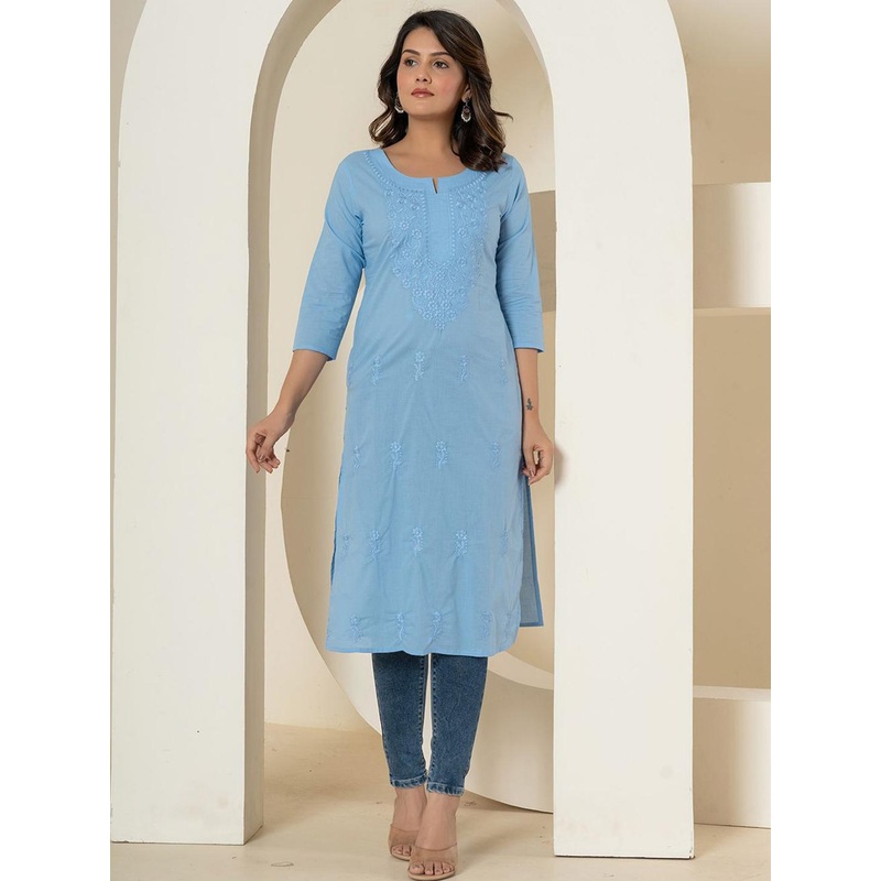 Yufta Floral Embroidered Notched Round Neck Chikankari Pure Cotton Straight Kurta