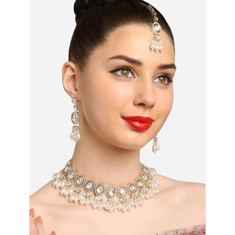 Zaveri Pearls Gold-Plated Austrian Diamonds Studded & Beaded Jewellery Set