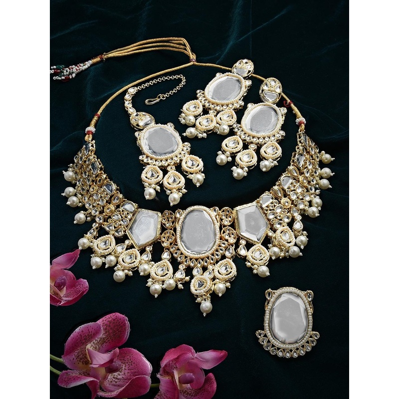 Zaveri Pearls Gold-Plated Stone-Studded Necklace & Earrings With Maang Tika