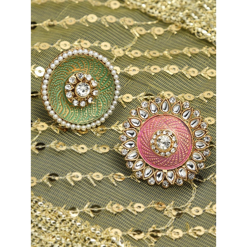 Zaveri Pearls Set Of 2 Gold-Plated Kundan & Beaded Meenakari Adjustable Finger Rings