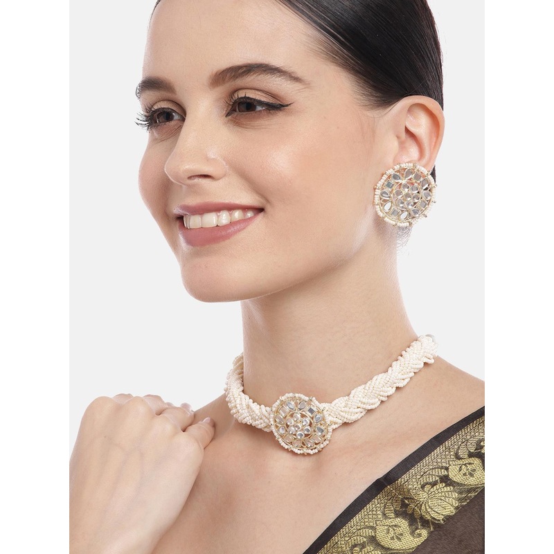 Aadvik Designs Gold-Plated Pearl Studded & Kundan Beaded Mirror Necklace with Earrings