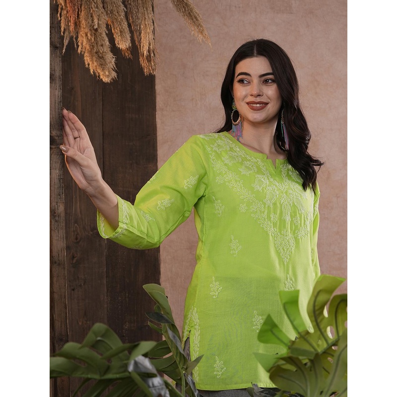 ADA Lime Green & White Ethnic Motifs Hand Embroidered Chikankari Pure Cotton Kurti