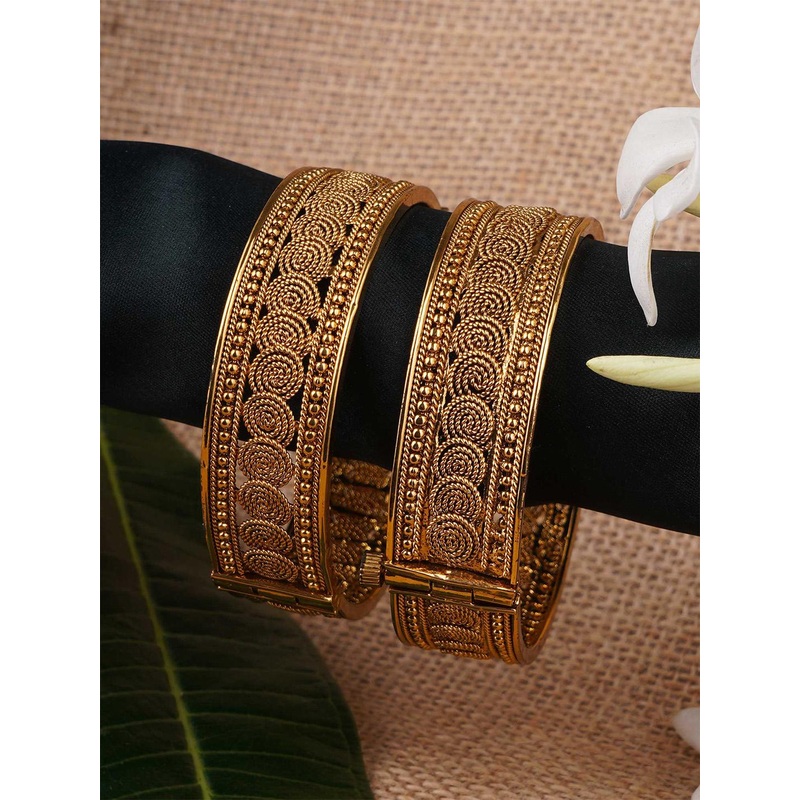 Adwitiya Collection Set Of 2 24k Gold-Plated Stone-Studded Pearl Beaded Bangles