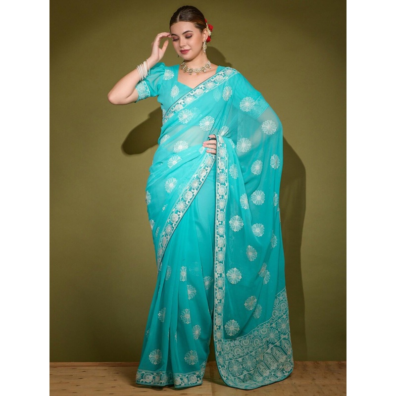 Anouk Blue & White Floral Embroidered Pure Georgette Saree