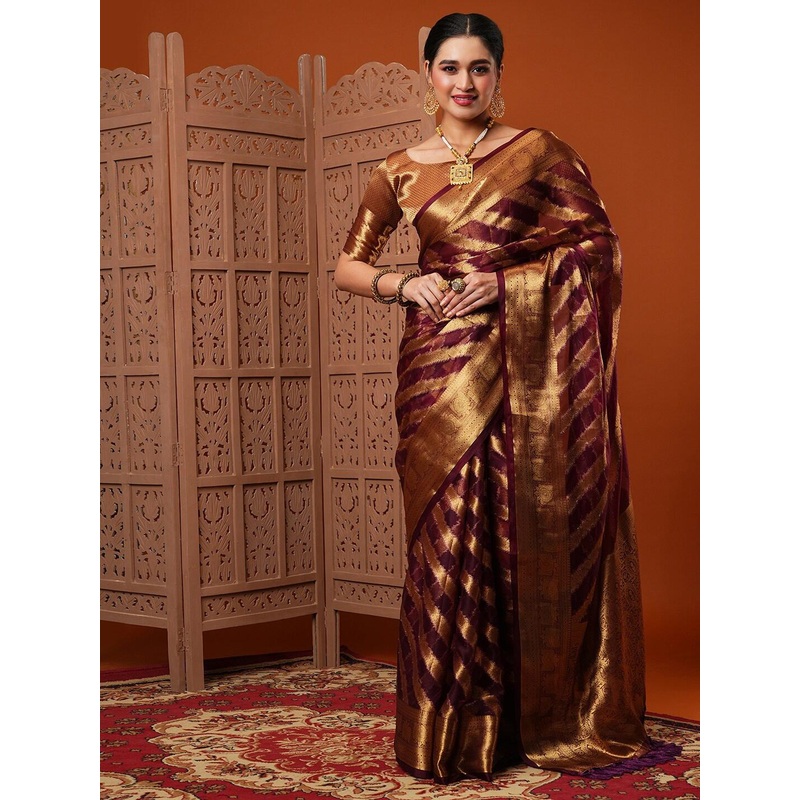 Anouk Burgundy Ethnic Motif Woven Design Zari Organza Banarasi Saree