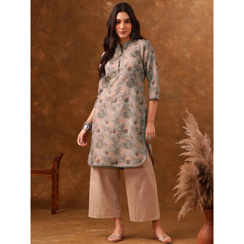 Anouk Ethnic Motifs Printed Mandarin Collar Chanderi Silk A-Line Kurta