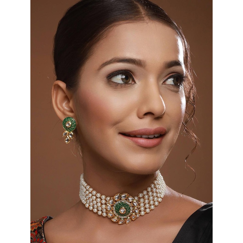 Anouk Gold-Plated Kundan-Studded & Pearl Beaded Meenakari Jewellery Set