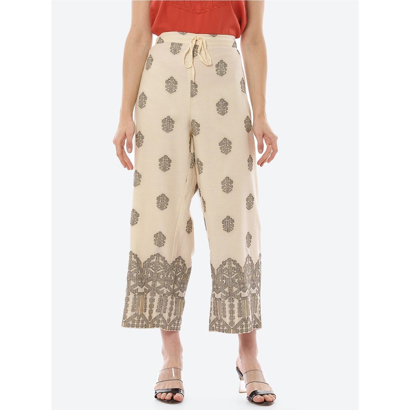 Biba Women Cream Ethnic Motifs Printed Straight Fit Cropped Cotton Palazzos
