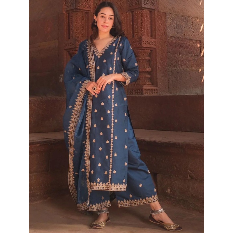 DIVASTRI V-Neck Floral Embroidered Sequinned Straight Kurta with Trouser &  Dupatta